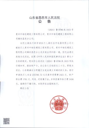 2024鲁0786执1815号公告